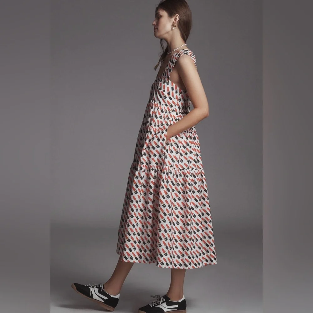 NWT Anthropologie The Helena Square-Neck Smocked Tiered Midi Dress Sz M - Picture 2 of 10